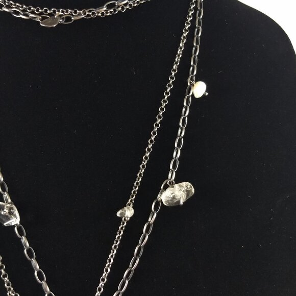 Clear Bead Coin Pearl Long Line Statement Necklace Marked 925 Art Teacher Boho - Picture 4 of 7